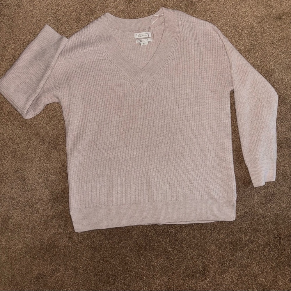 Rachel Zoe Merino Wool Tan-Beige Ribbed V-Neck Sweater Size L Cabincore, Cozy